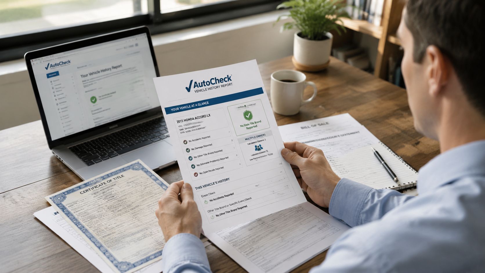 A man reviewing a vehicle history report for a car at a wooden desk with paperwork.
