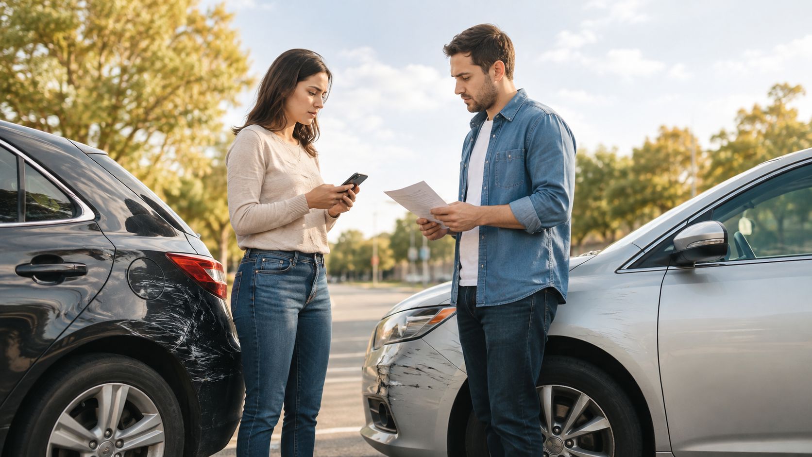 A man and a woman exchanging insurance information after a minor car accident on a sunny day.