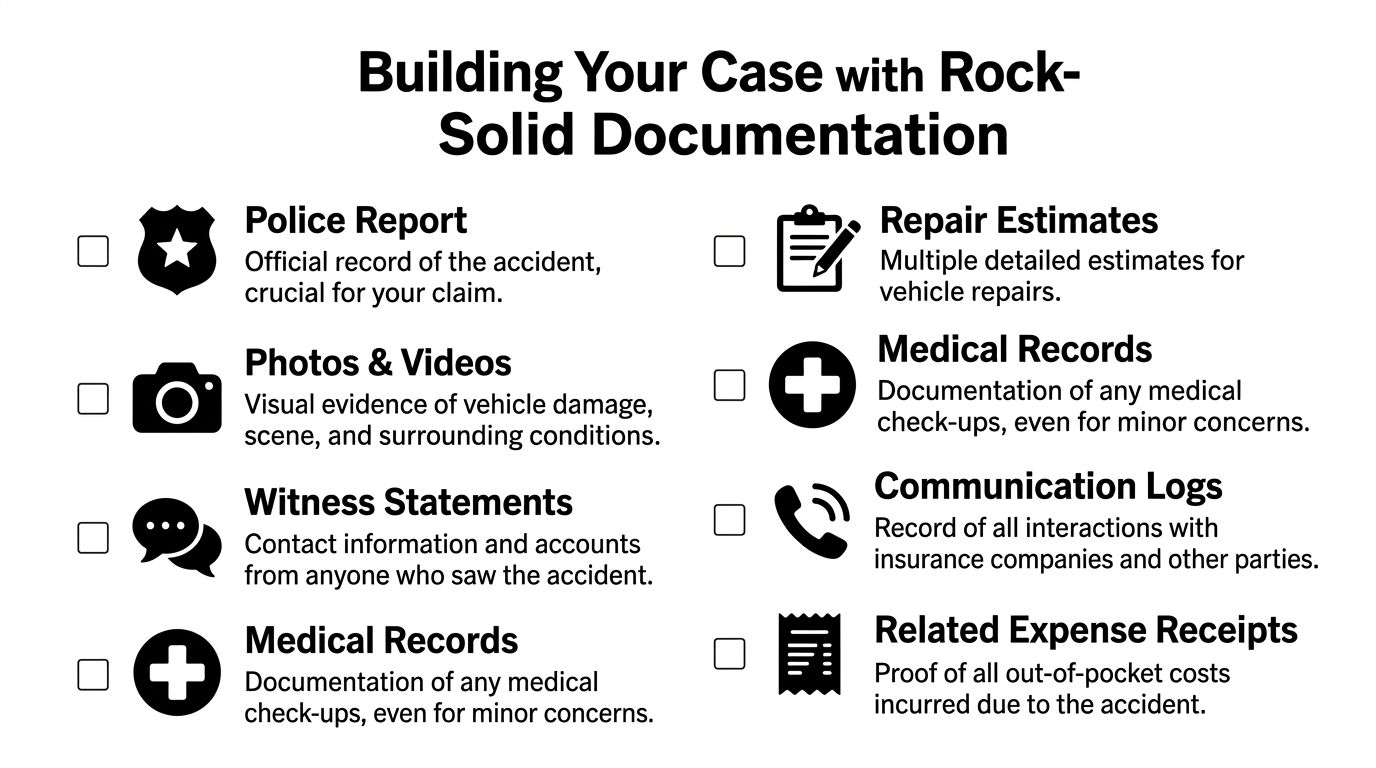 A checklist for documenting a car accident claim including police reports, photos, witness statements, and expense receipts.