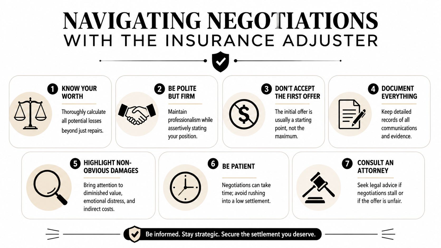 An infographic titled Navigating Negotiations with the Insurance Adjuster offering seven tips for successful claim settlements.