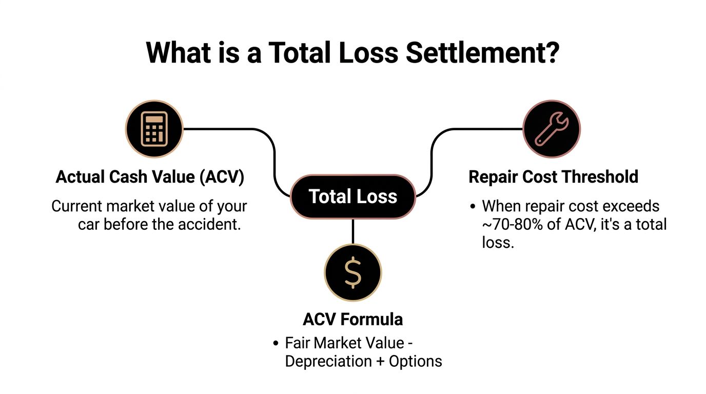 A diagram explaining the total loss settlement process including ACV calculation and the repair cost threshold.