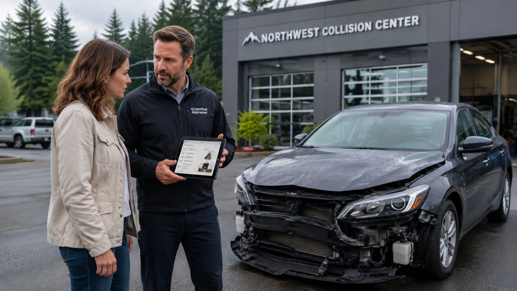A professional appraiser shows a damaged car assessment on a tablet to a customer at a shop.