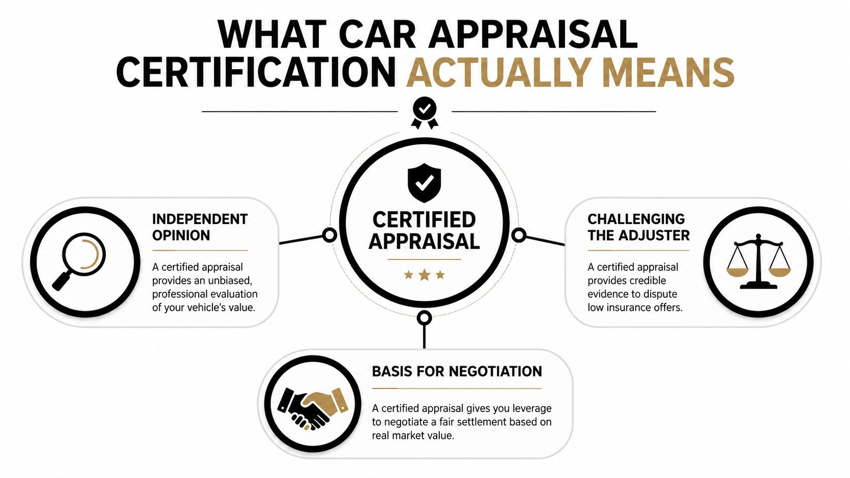 A diagram explaining that a certified car appraisal provides an independent opinion, negotiation leverage, and proof for insurance disputes.