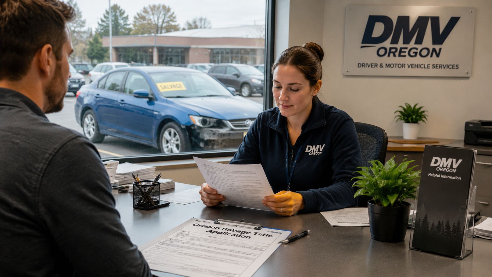 A DMV representative assists a man with filling out an Oregon salvage title application for a car.