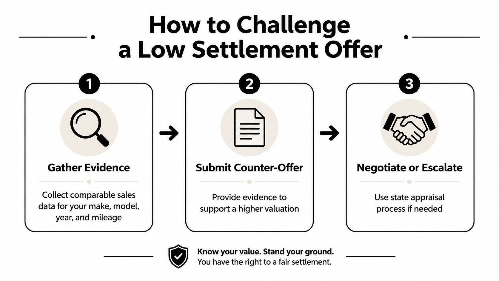 A three-step infographic showing how to challenge a low settlement offer for a totaled vehicle.