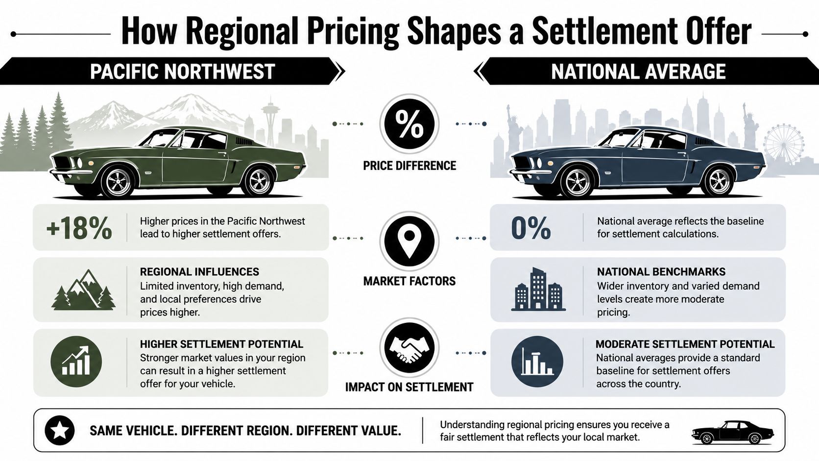 An infographic comparing how regional market pricing differences in the Pacific Northwest impact vehicle insurance settlement offers.
