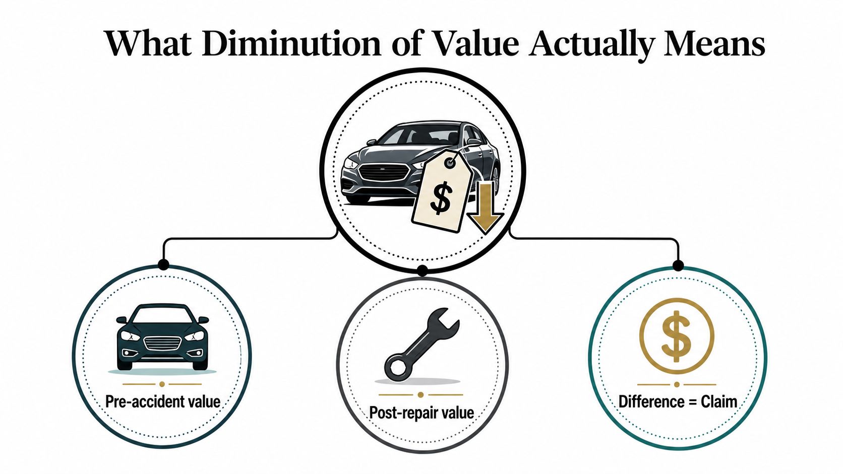 A diagram illustrating diminution of value by comparing pre-accident vehicle worth, post-repair value, and the resulting insurance claim.