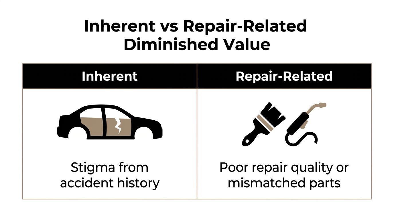 A comparison chart explaining the difference between inherent and repair-related diminished value for damaged vehicles.