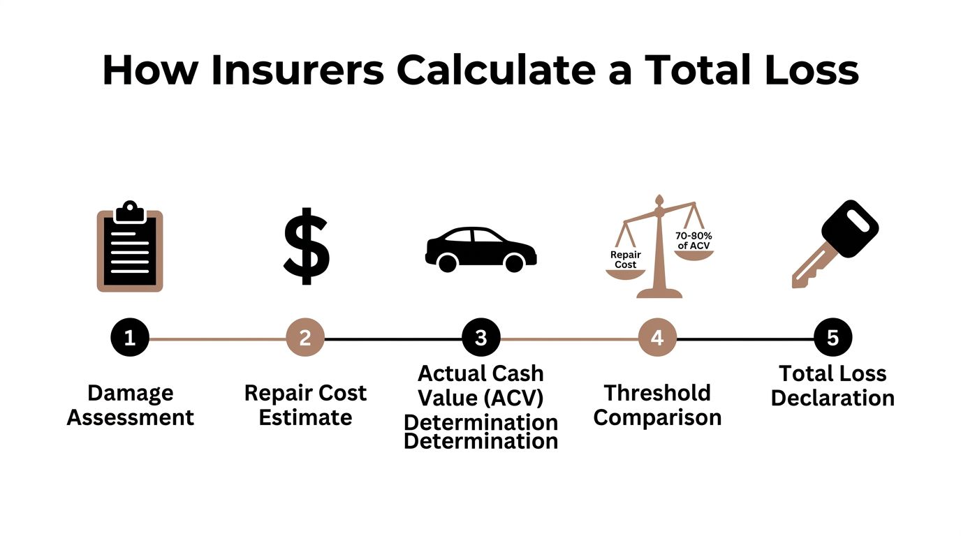 An infographic showing the five steps insurers follow to determine if a vehicle is a total loss.