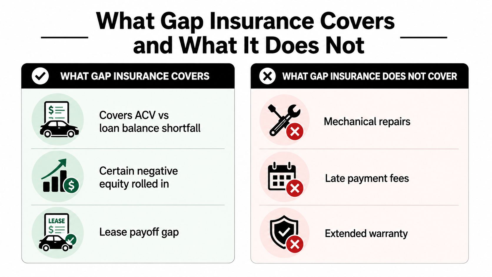 A clear infographic table comparing what gap insurance covers versus what it does not cover for vehicles.