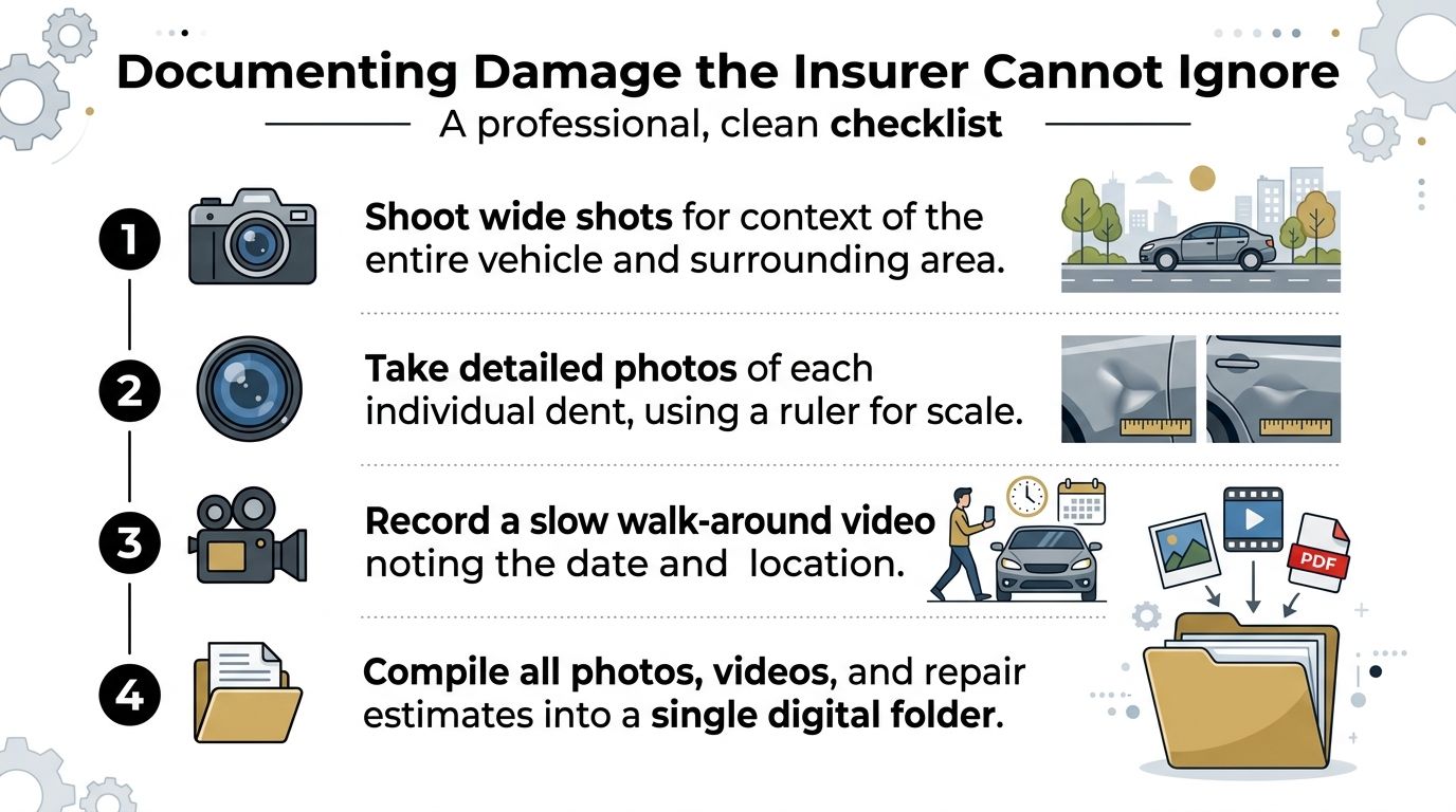 A professional checklist infographic showing four steps for documenting vehicle damage for an insurance claim assessment.