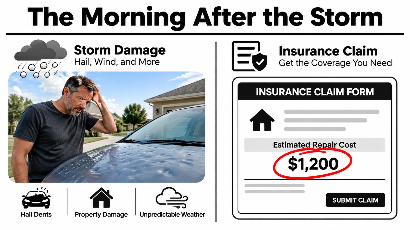 A concerned man stands beside a hail-damaged car with a repair cost estimate of twelve hundred dollars.