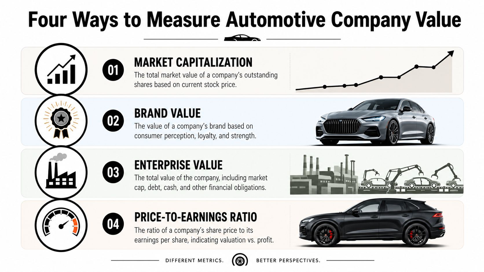 An infographic titled Four Ways to Measure Automotive Company Value, listing market capitalization, brand value, enterprise value, and price-to-earnings ratio.
