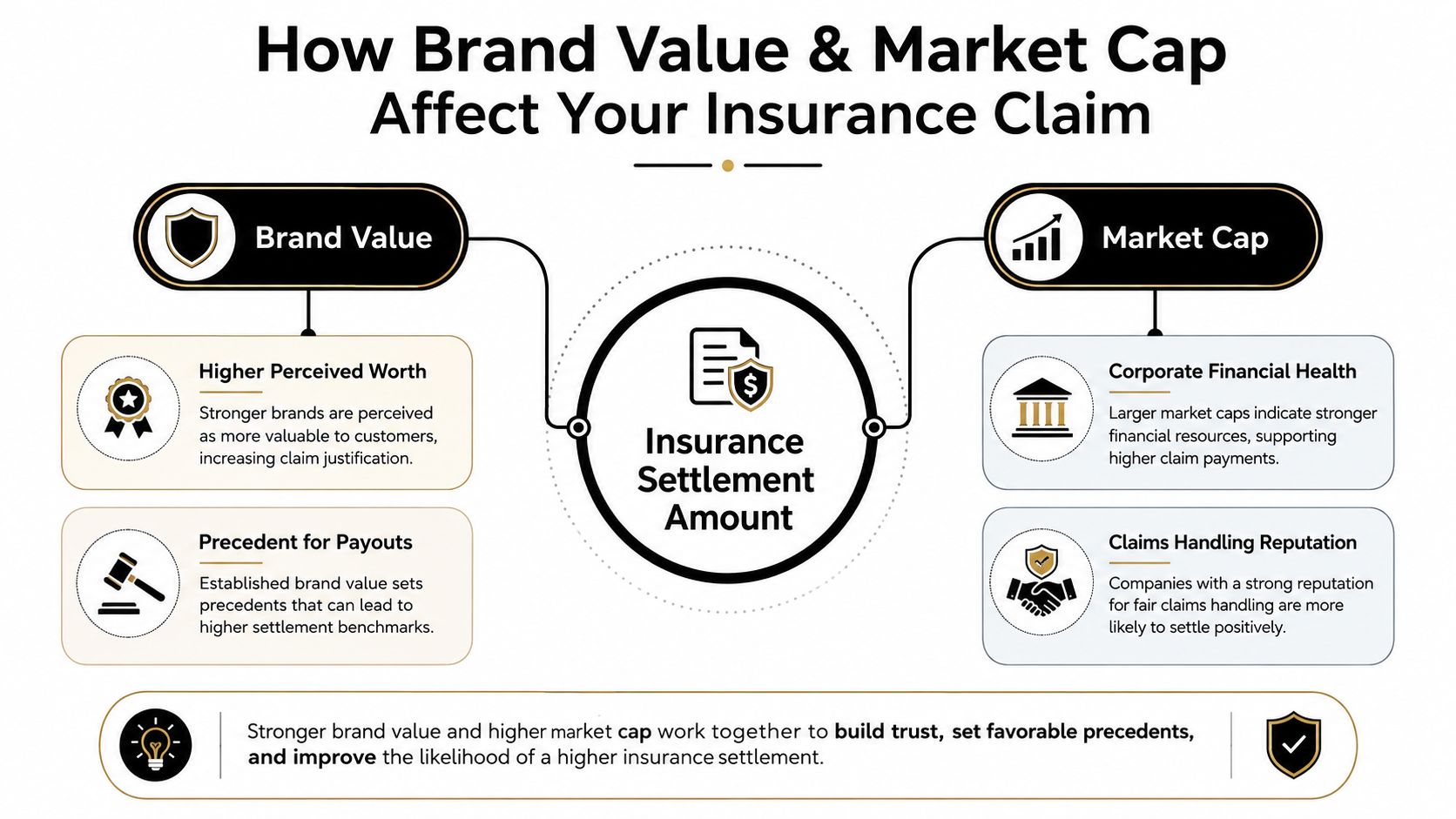 A diagram illustrating how brand value and market capitalization influence the final insurance settlement amount.