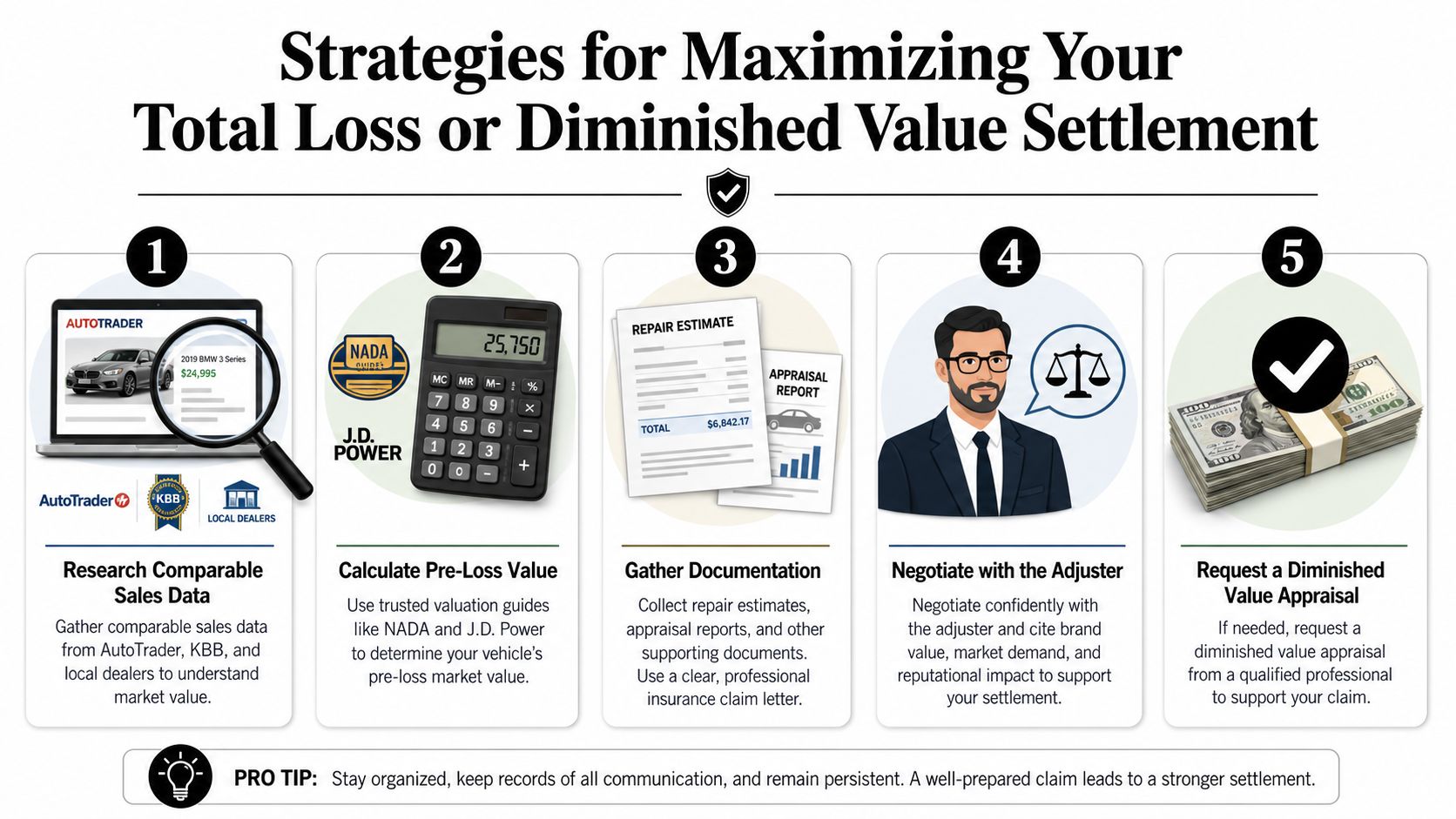 An infographic showing five steps for maximizing total loss or diminished value vehicle insurance settlements.