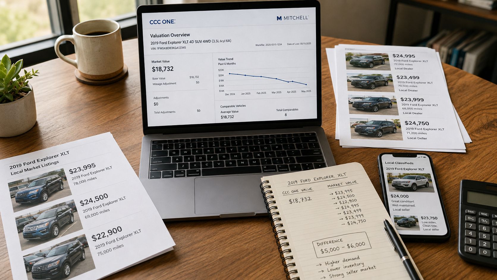 A workspace featuring a laptop, documents, and a phone displaying car valuation data for insurance claims.