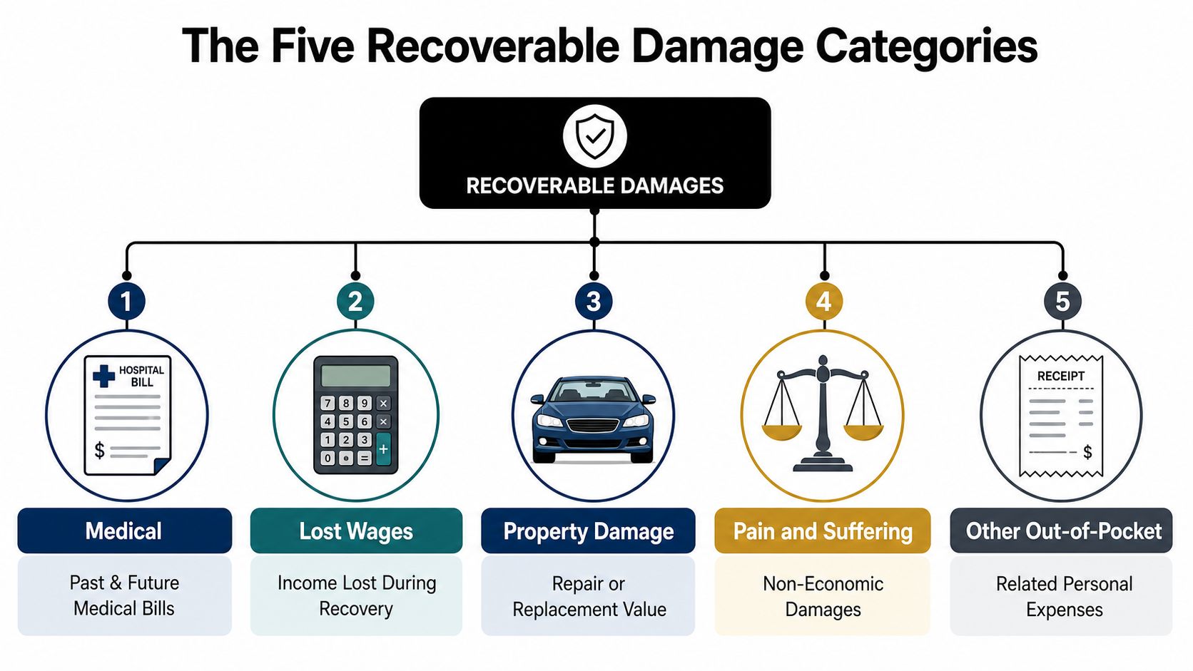 A diagram titled The Five Recoverable Damage Categories illustrating medical bills, lost wages, property damage, pain and suffering, and out-of-pocket expenses.