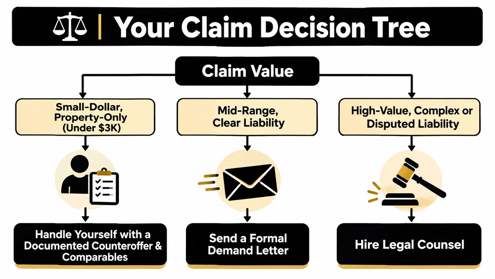A decision tree flowchart explaining how to handle an accident claim based on its value and complexity.