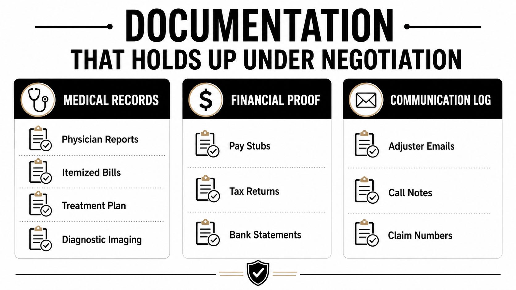 An infographic showing essential documentation required for personal injury negotiations, including medical records, financial proof, and communication logs.