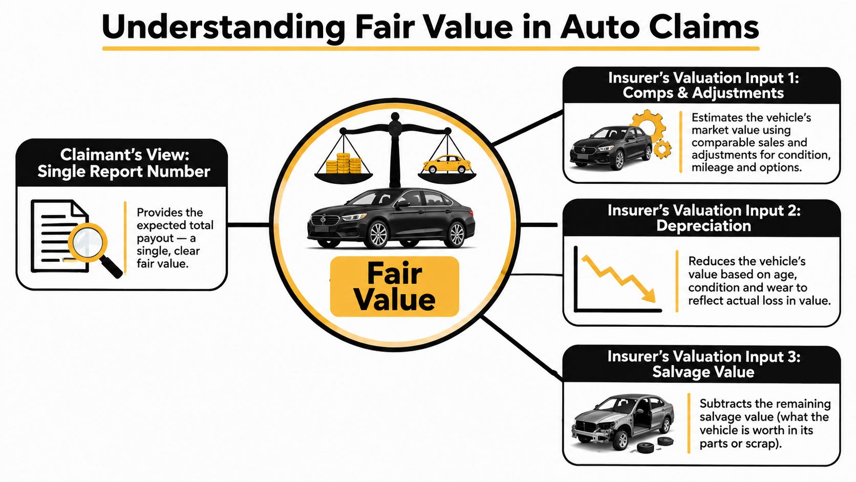 An infographic illustrating how fair value is determined in auto insurance claims through various valuation inputs.