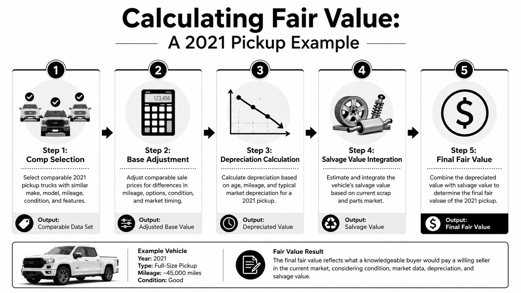 A five-step infographic showing the process for calculating the fair value of a 2021 pickup truck.