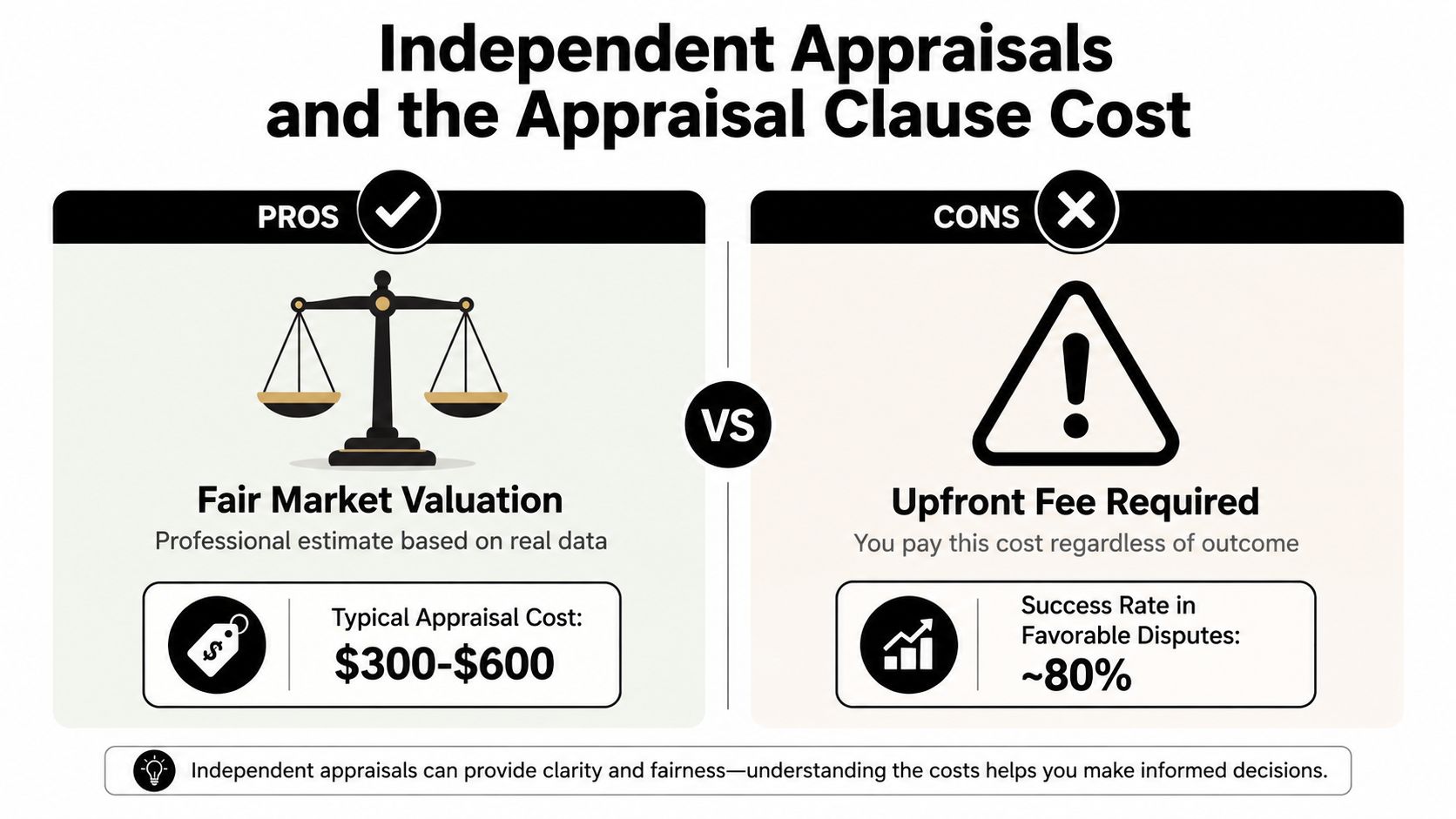 A comparison chart showing the pros and cons of independent property appraisals, including typical costs and success rates.
