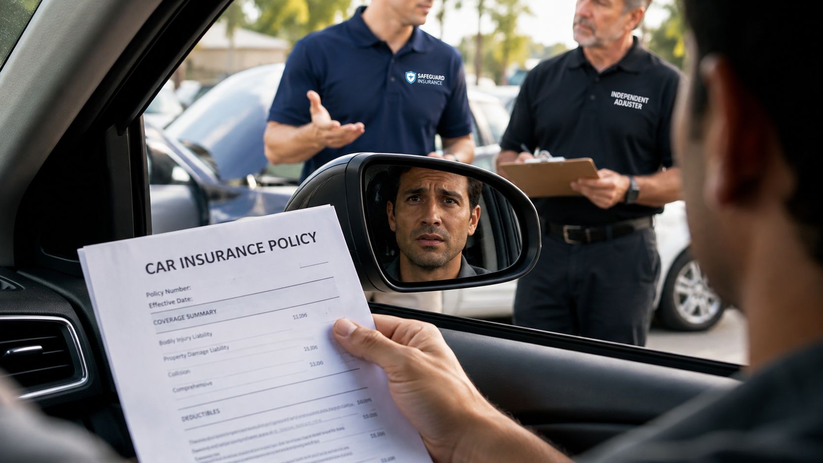 A person holding a car insurance policy document while interacting with insurance agents outside their vehicle.