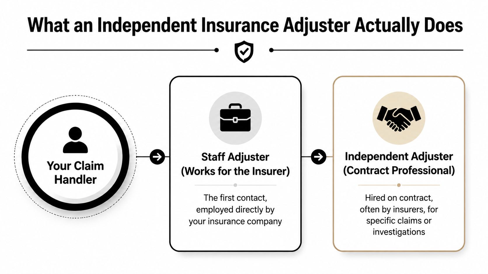 A flow chart explaining the difference between an insurance company staff adjuster and an independent insurance adjuster.