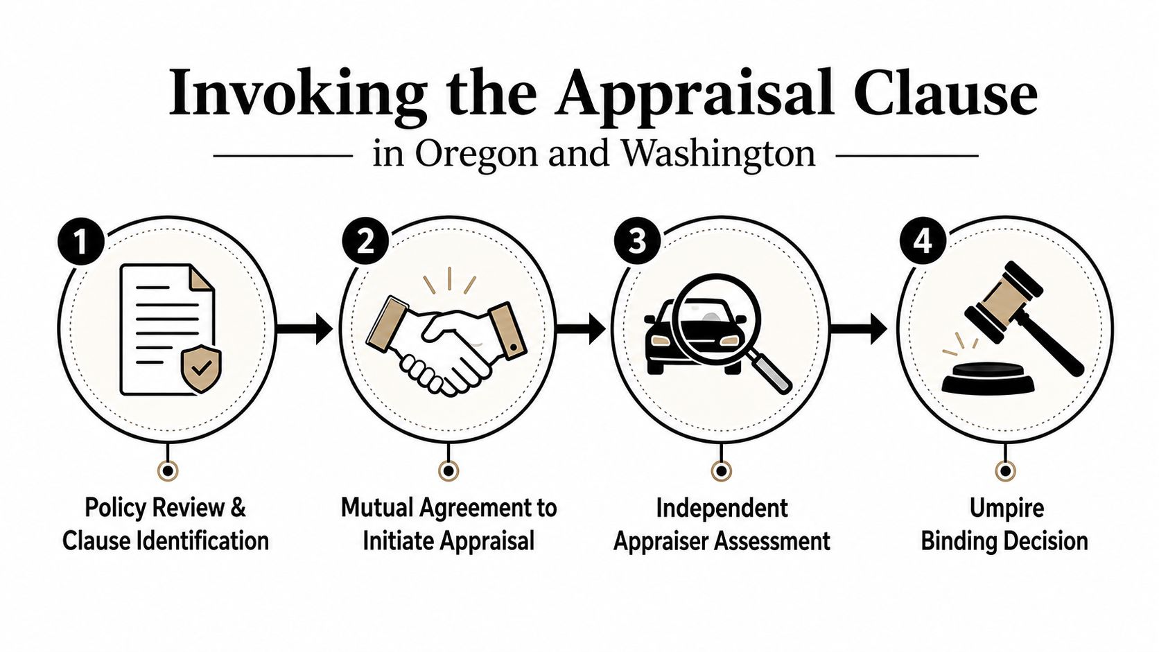 A four-step infographic illustrating the process of invoking an insurance appraisal clause in Oregon and Washington.
