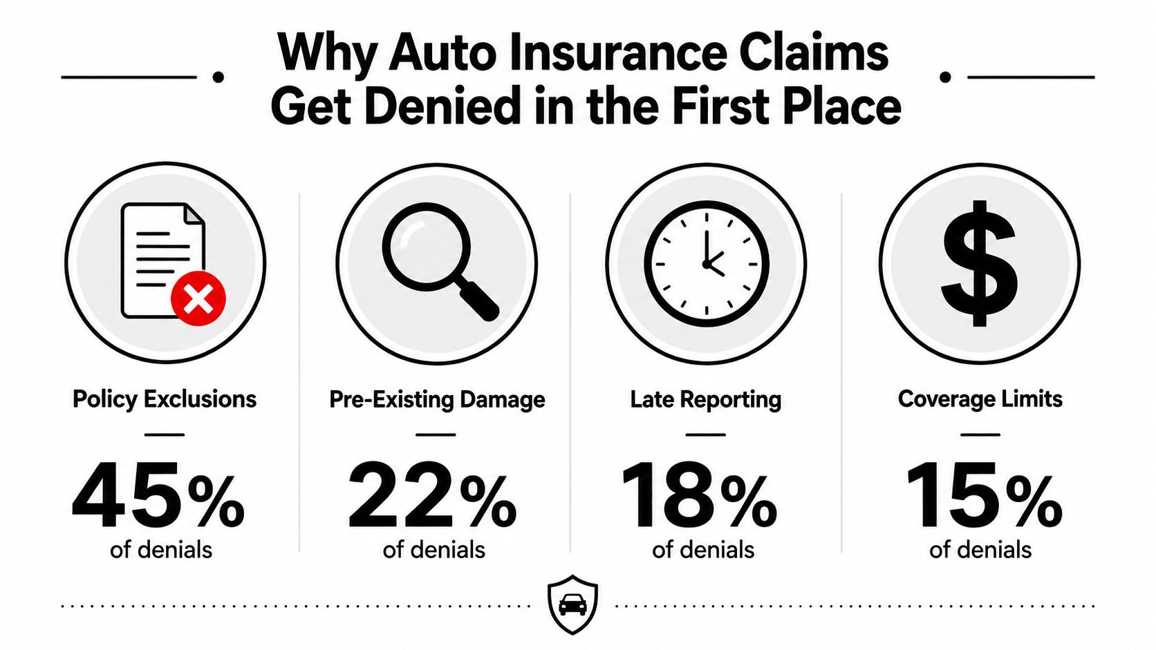 A chart showing four common reasons for auto insurance claim denials with their respective percentage breakdown.