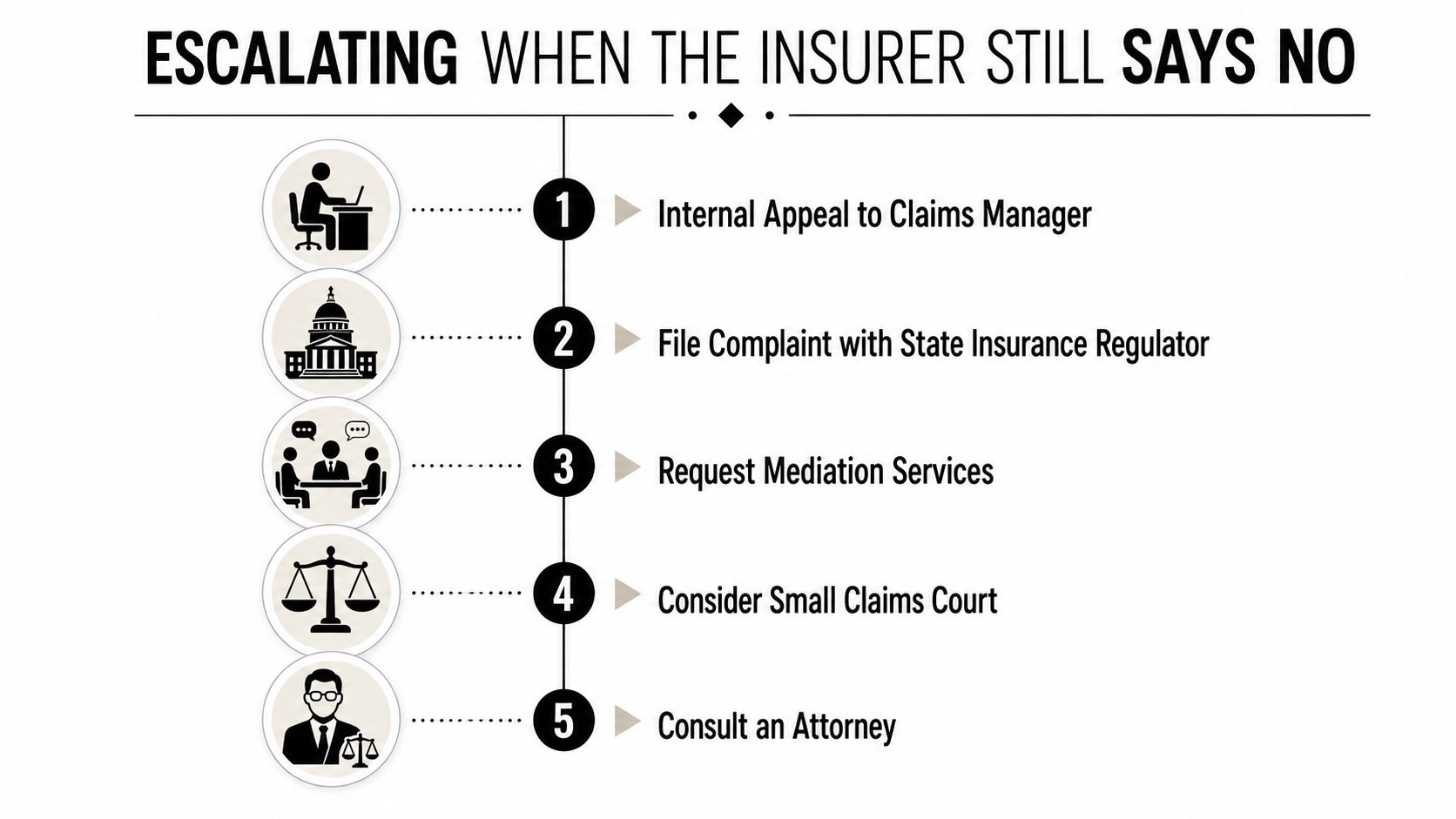 A five-step guide for escalating an insurance claim denial, moving from internal appeals to legal consultation.