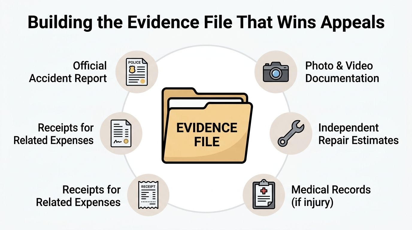 An infographic showing six essential document types to include in an evidence file for insurance appeals.