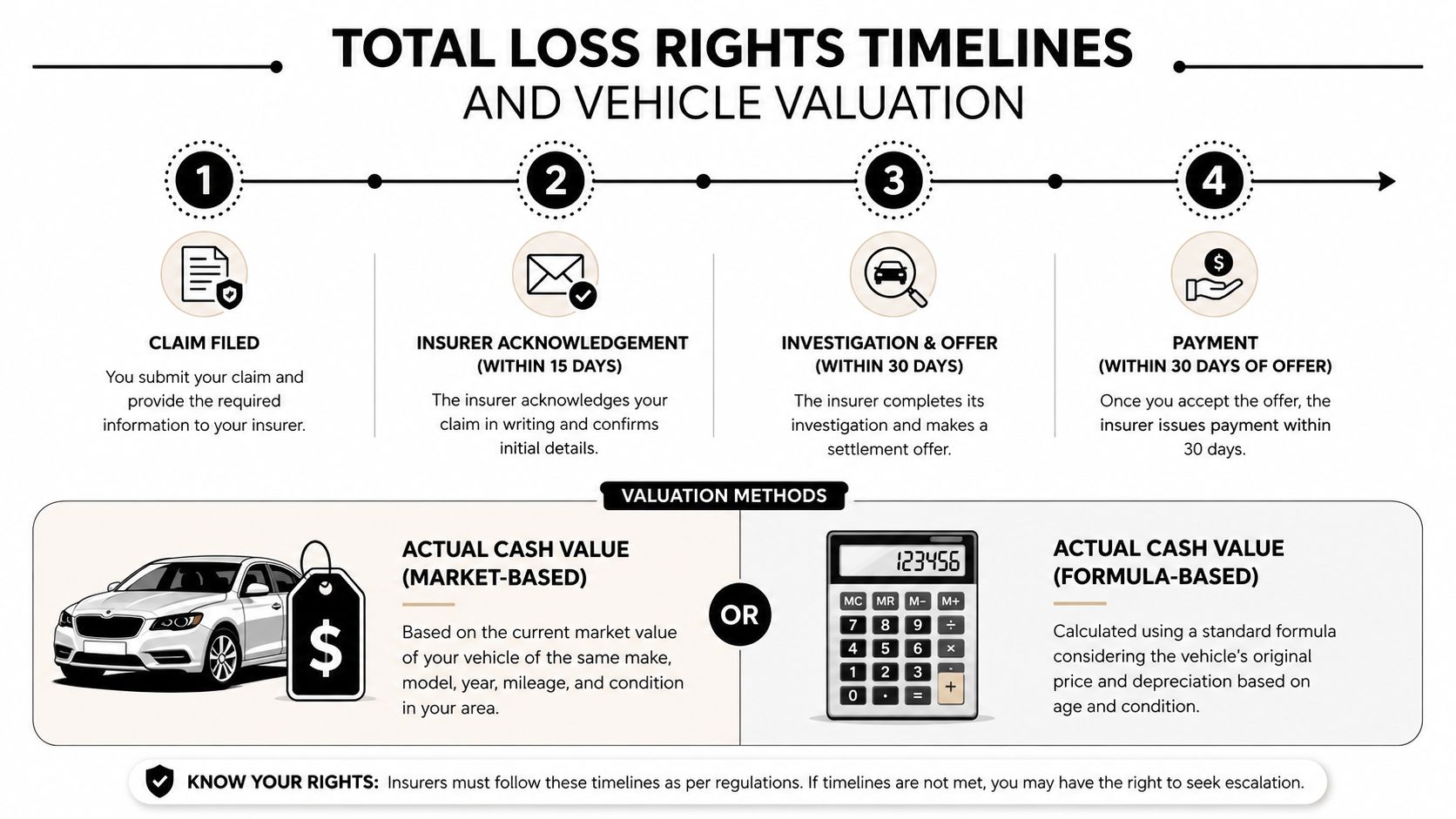 A timeline graphic showing the step-by-step process of insurance total loss rights and vehicle valuation methods.