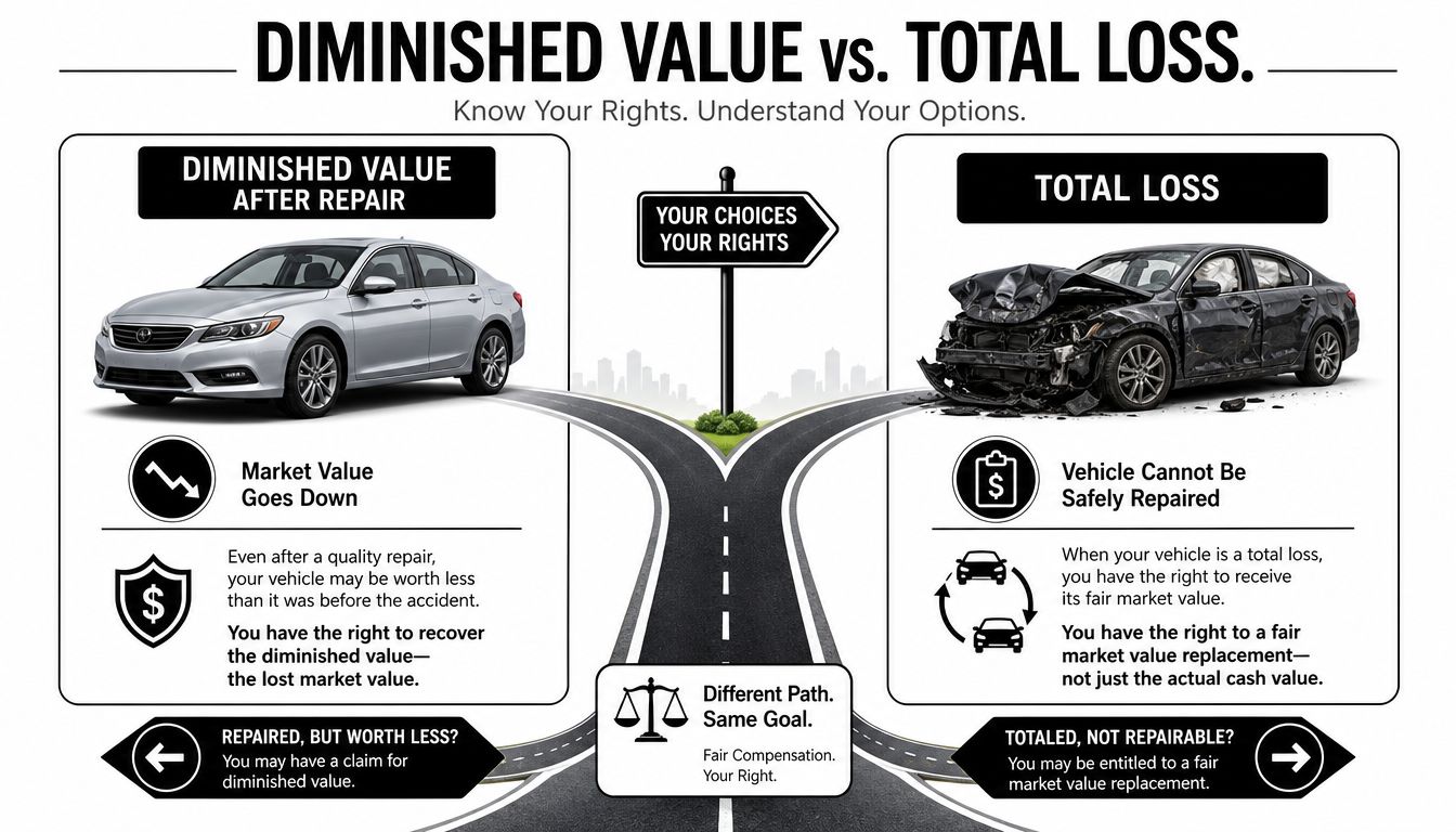 An infographic illustrating the difference between diminished value claims and total loss scenarios for damaged vehicles.
