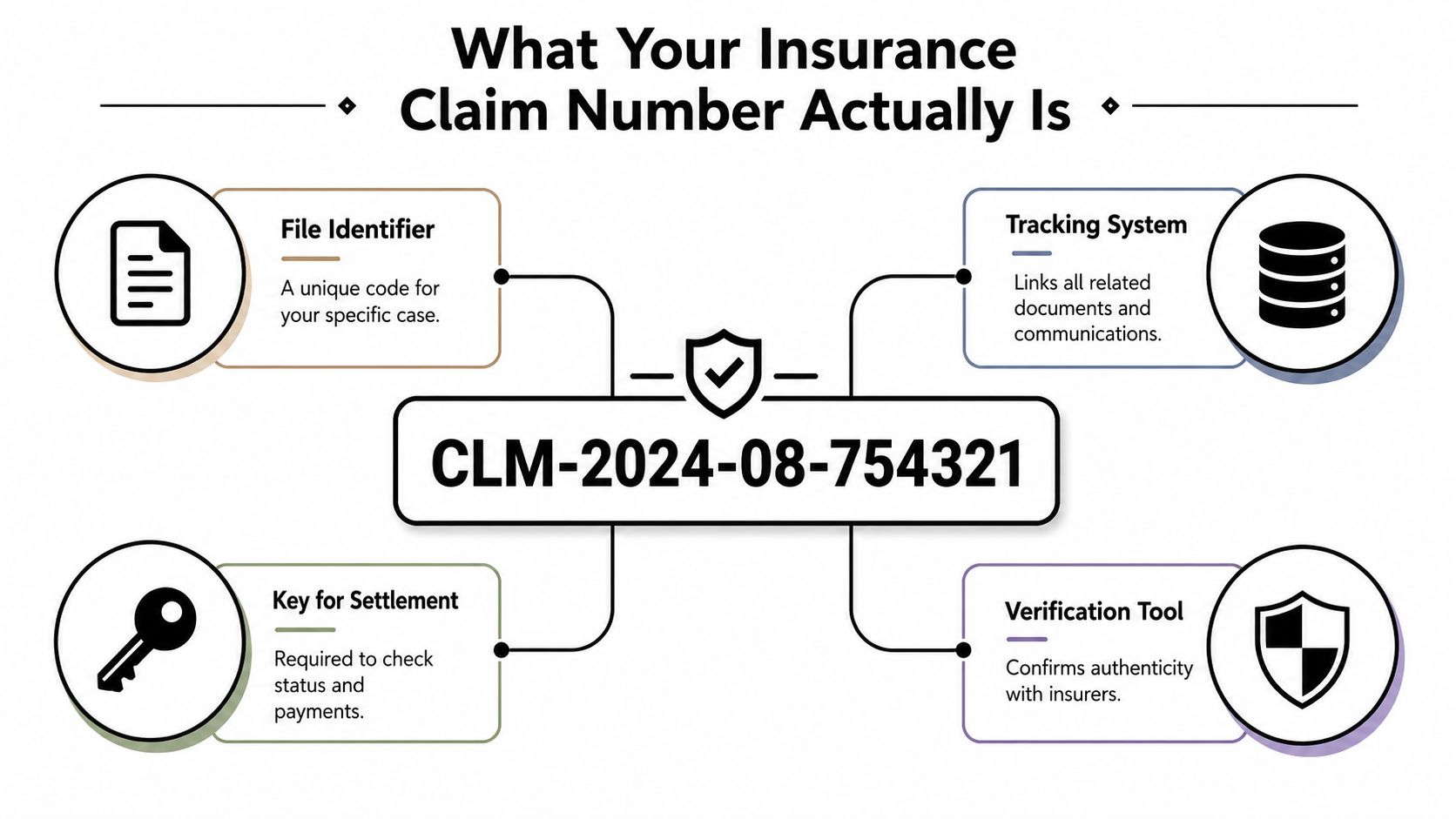 A diagram explaining that an insurance claim number serves as a unique file identifier, tracking system, settlement key, and verification tool.