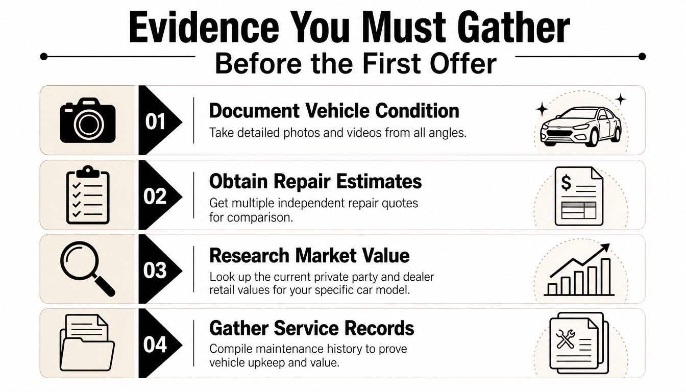 An infographic titled Evidence You Must Gather Before the First Offer listing four steps for car insurance claims.