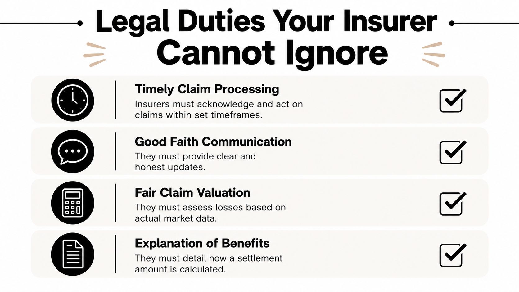 An infographic titled Legal Duties Your Insurer Cannot Ignore, listing four key responsibilities of insurance companies.