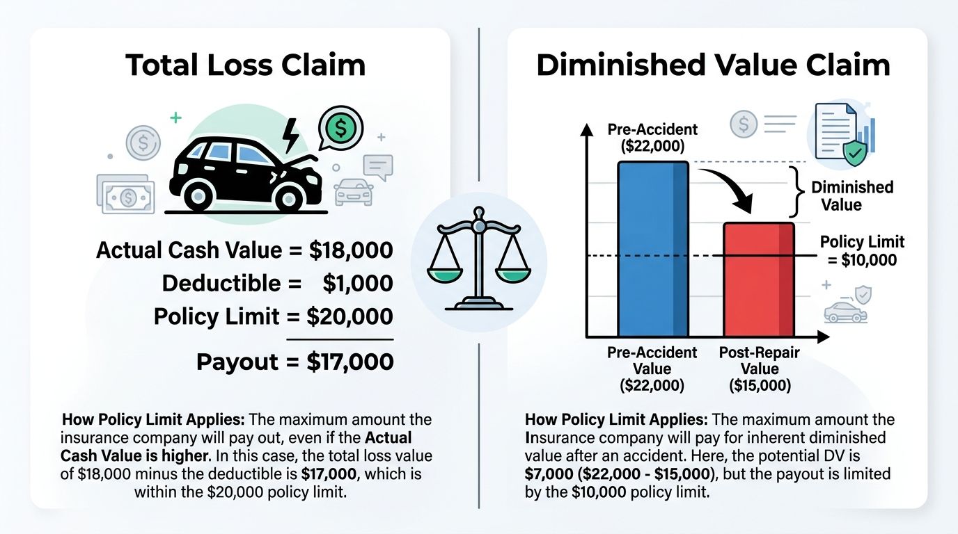 An infographic comparing how policy limits apply to total loss claims versus diminished value claims for vehicles.