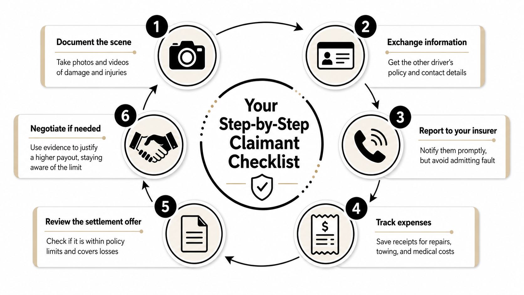 A circular step-by-step checklist infographic for car accident insurance claimants, from documenting the scene to negotiation.