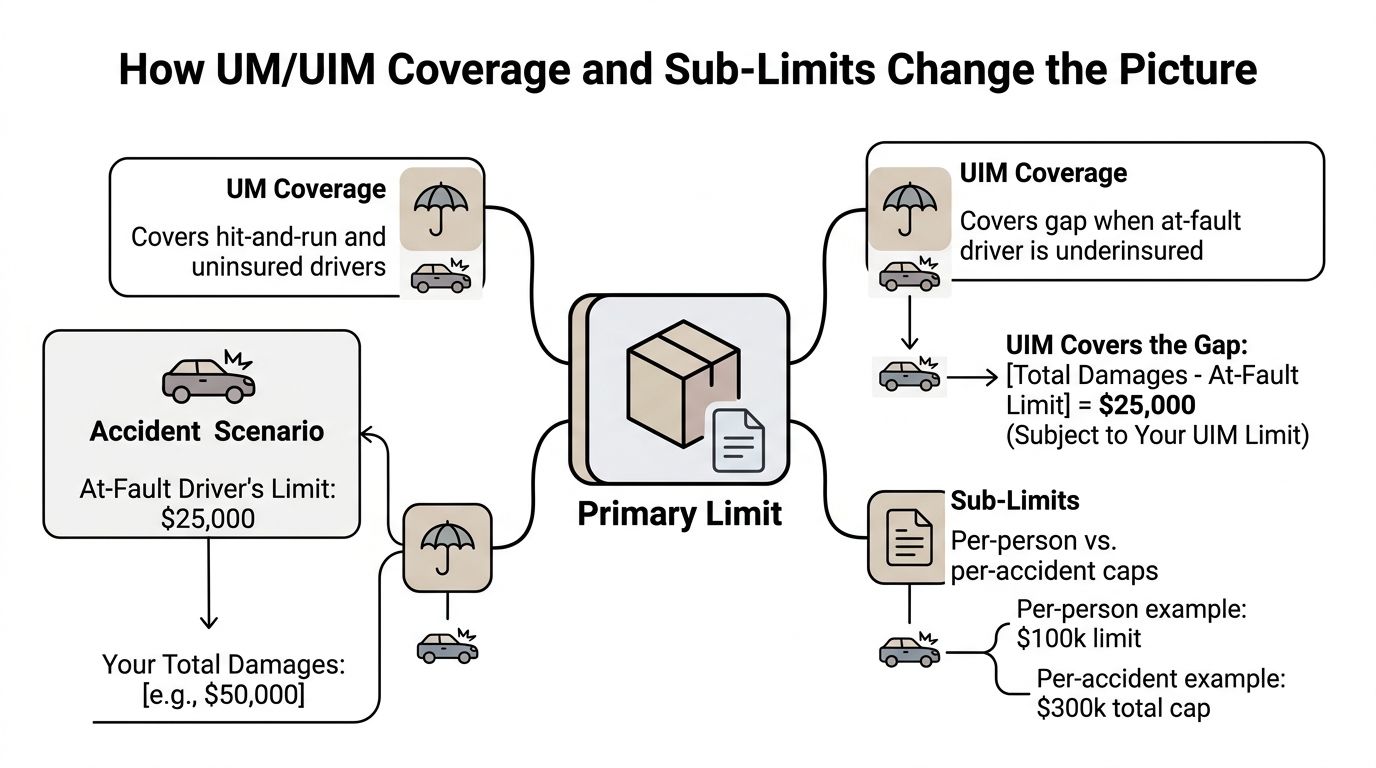 A diagram explaining how UM, UIM coverage, and sub-limits function within an insurance policy scenario.