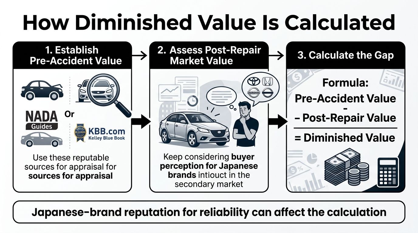 A three-step infographic explaining how to calculate diminished value for vehicles after an accident.