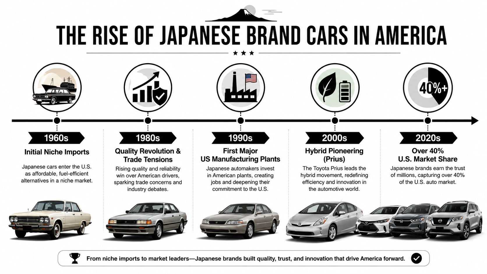 A timeline graphic showing the growth and historical milestones of Japanese automotive brands in America since 1960.