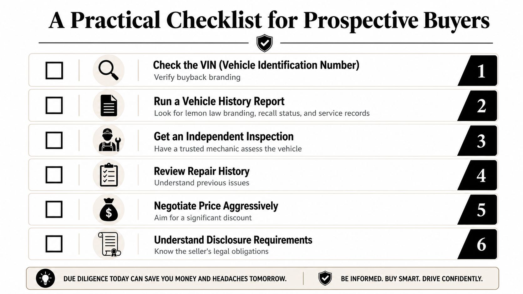 A checklist for prospective car buyers focusing on inspecting lemon law buybacks and vehicle history reports.