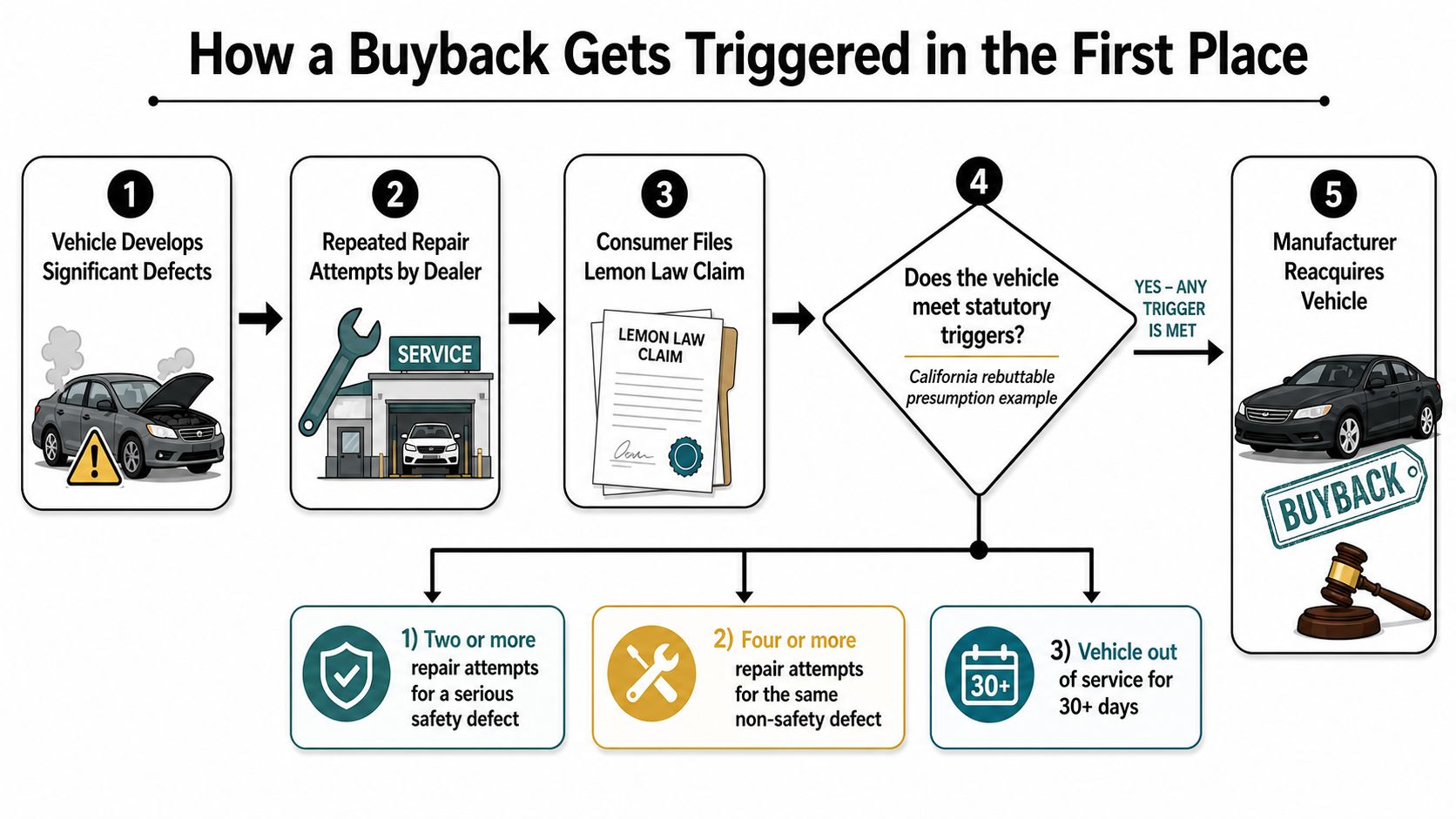 A flowchart infographic illustrating the five steps of the California vehicle lemon law buyback process.