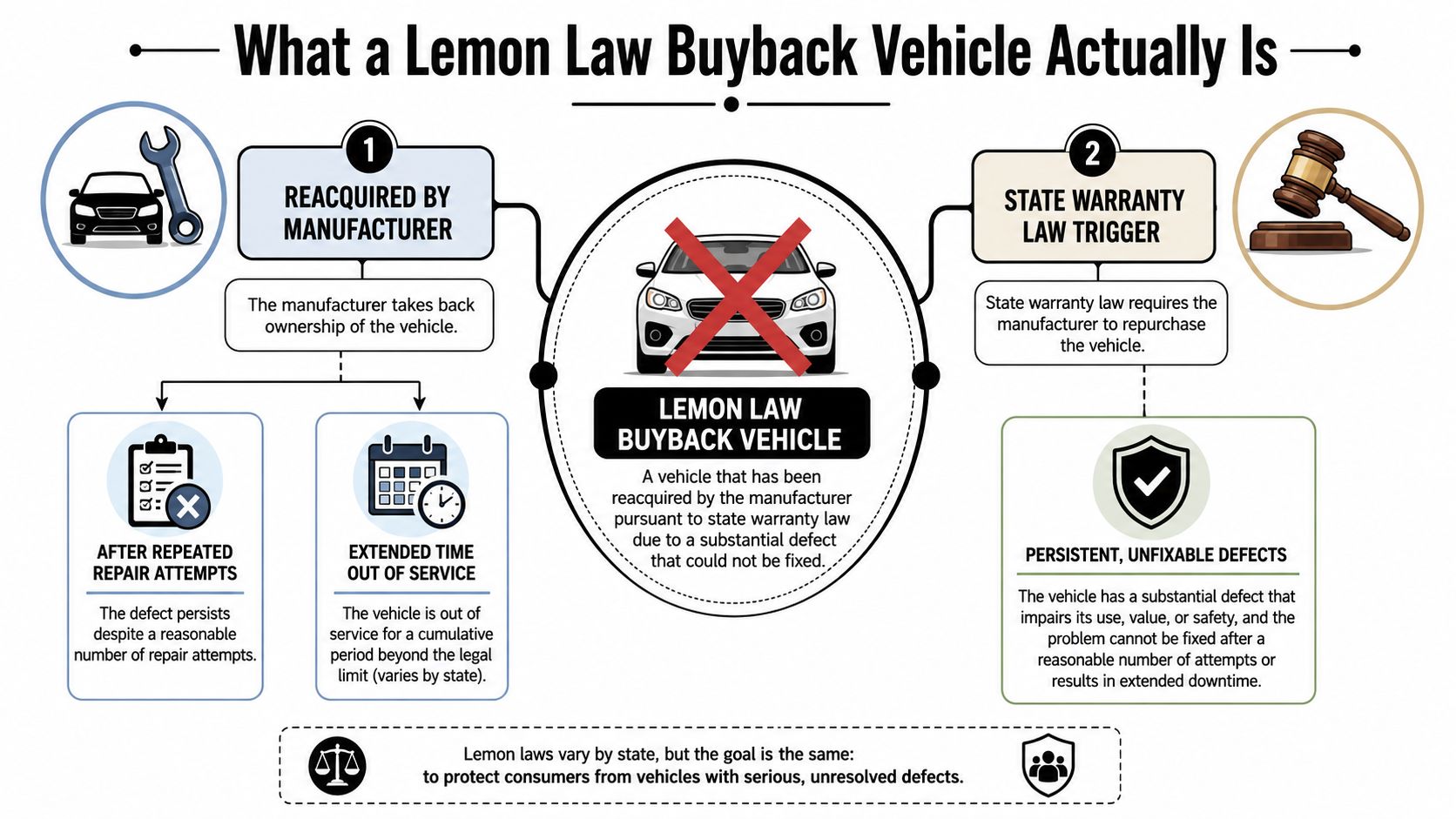 A diagram explaining what a lemon law buyback vehicle is with its key characteristics and legal definitions.