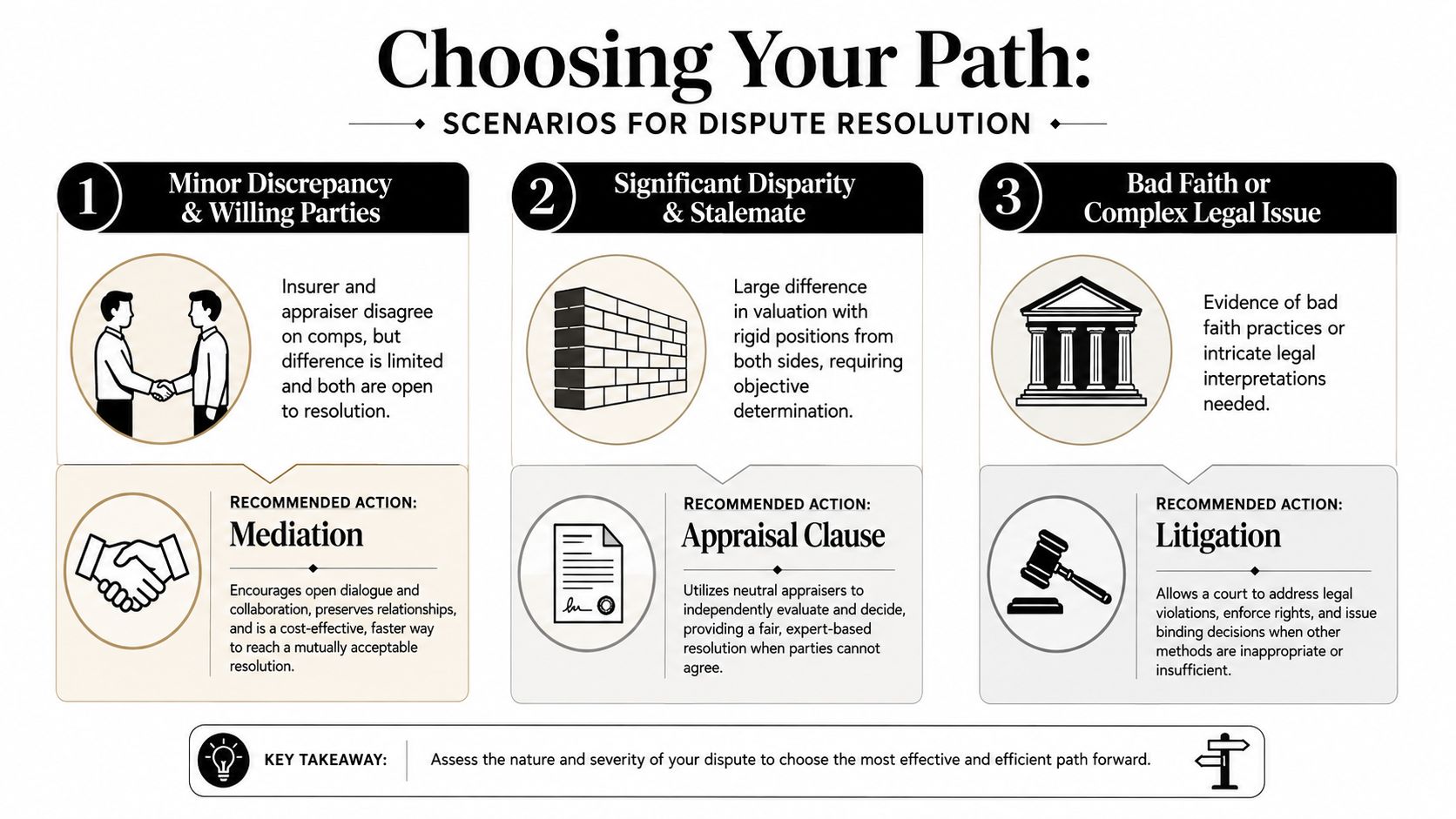 An infographic titled Choosing Your Path, outlining scenarios for dispute resolution: mediation, appraisal clause, and litigation.