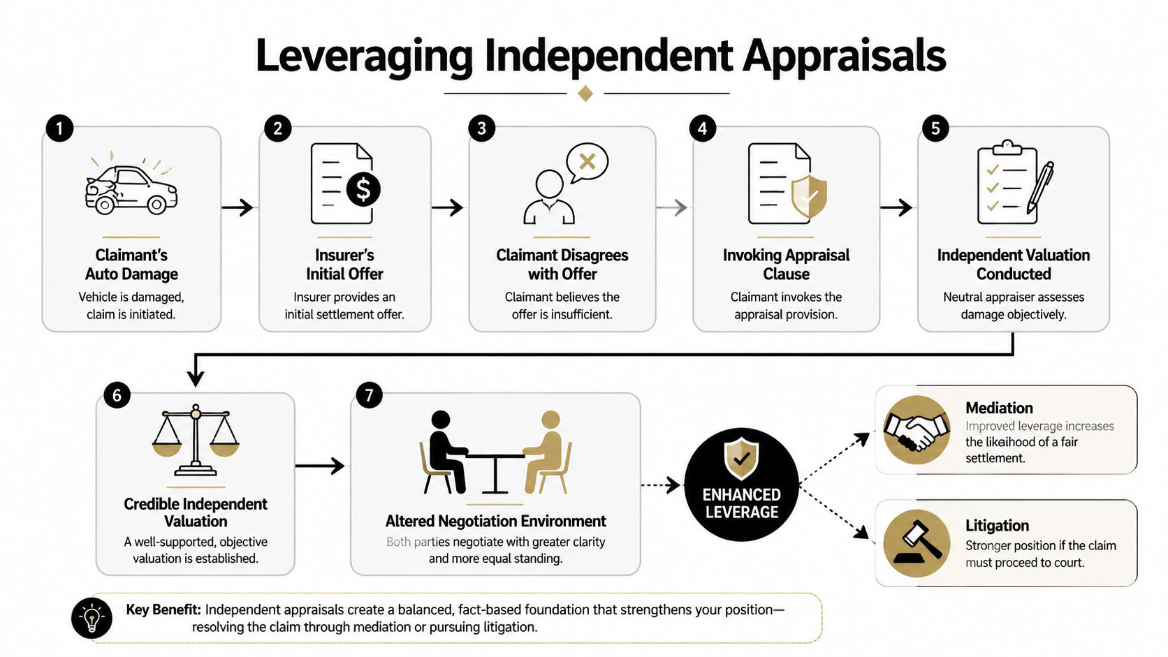 A seven-step flowchart illustrating the process of using independent appraisals for insurance claim negotiation and resolution.