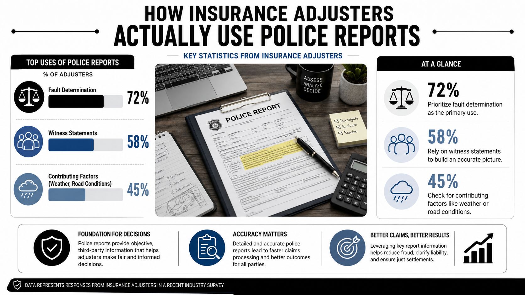 An infographic titled how insurance adjusters use police reports detailing top uses and key survey statistics.