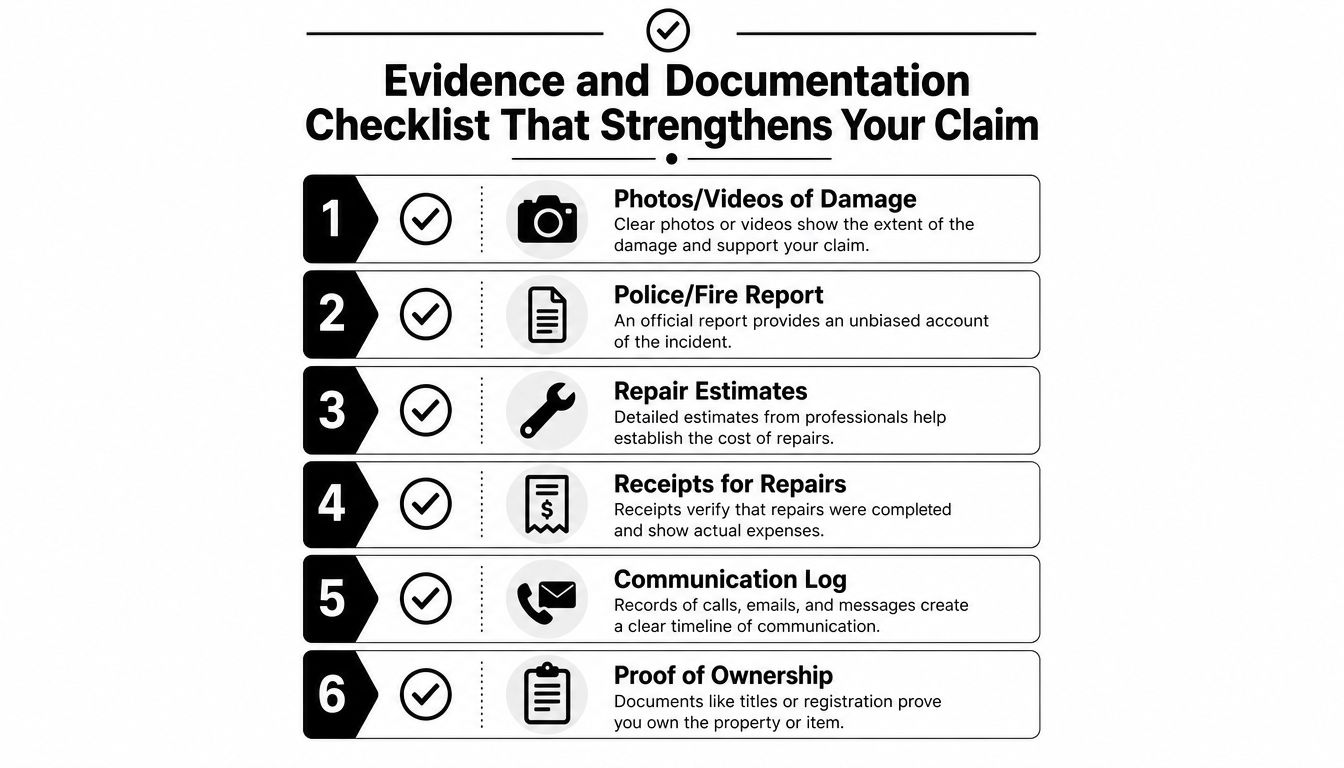 A checklist highlighting six essential types of documentation to help strengthen a property damage insurance claim.