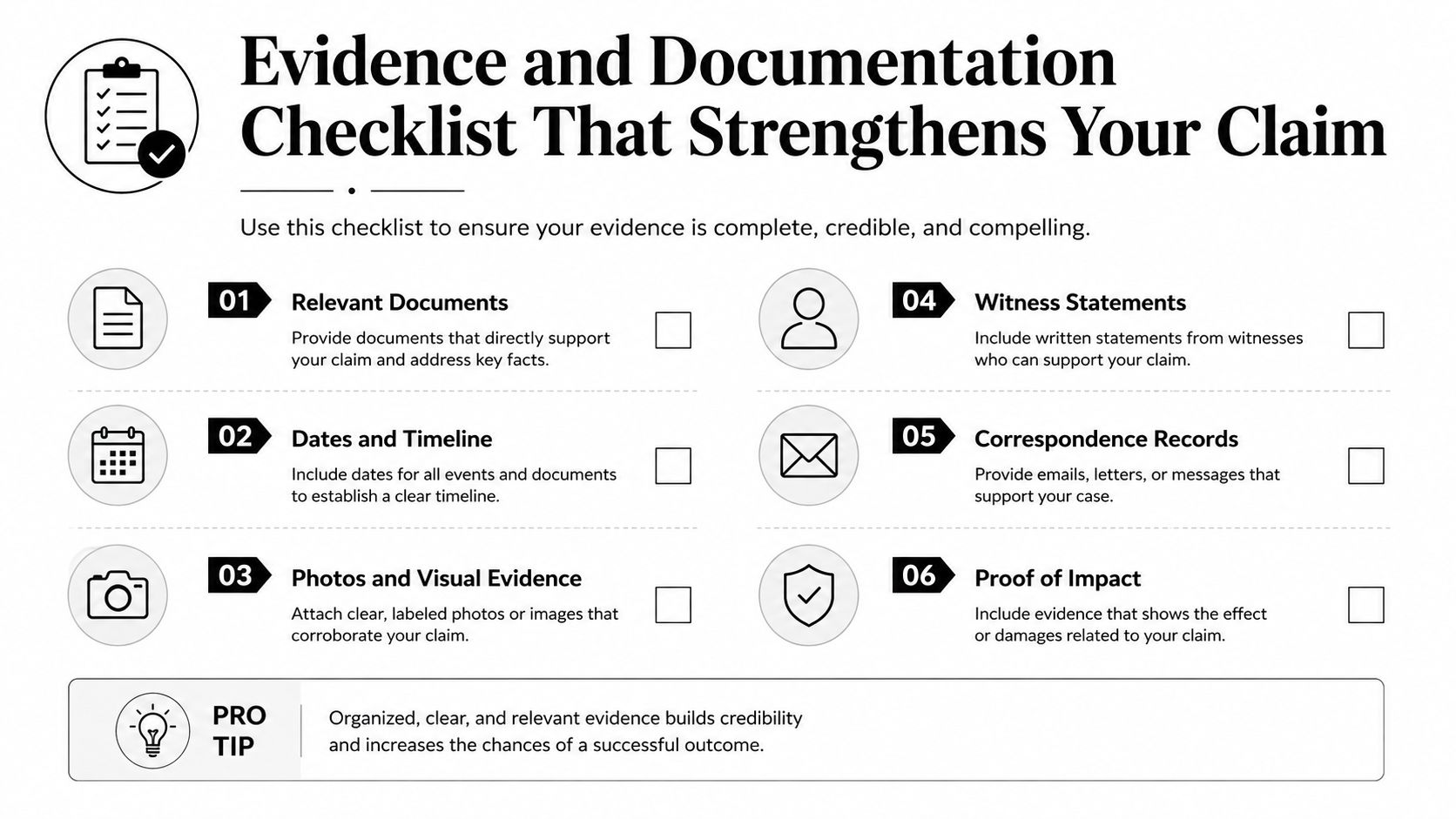 A helpful checklist infographic detailing six essential types of evidence required to strengthen your claim effectively.
